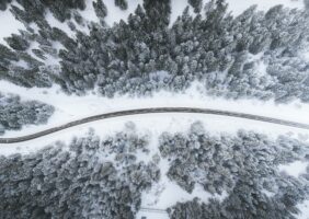 Overhead shot of a highway during winter