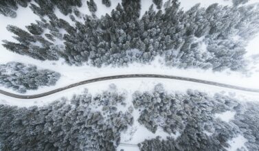 Overhead shot of a highway during winter
